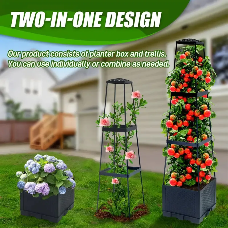Hydroponic Tower - 自動給水式植栽ボックスとトレリス付きトマトタワー - つる性植物用、屋内および屋外の庭園サポート用 1セット