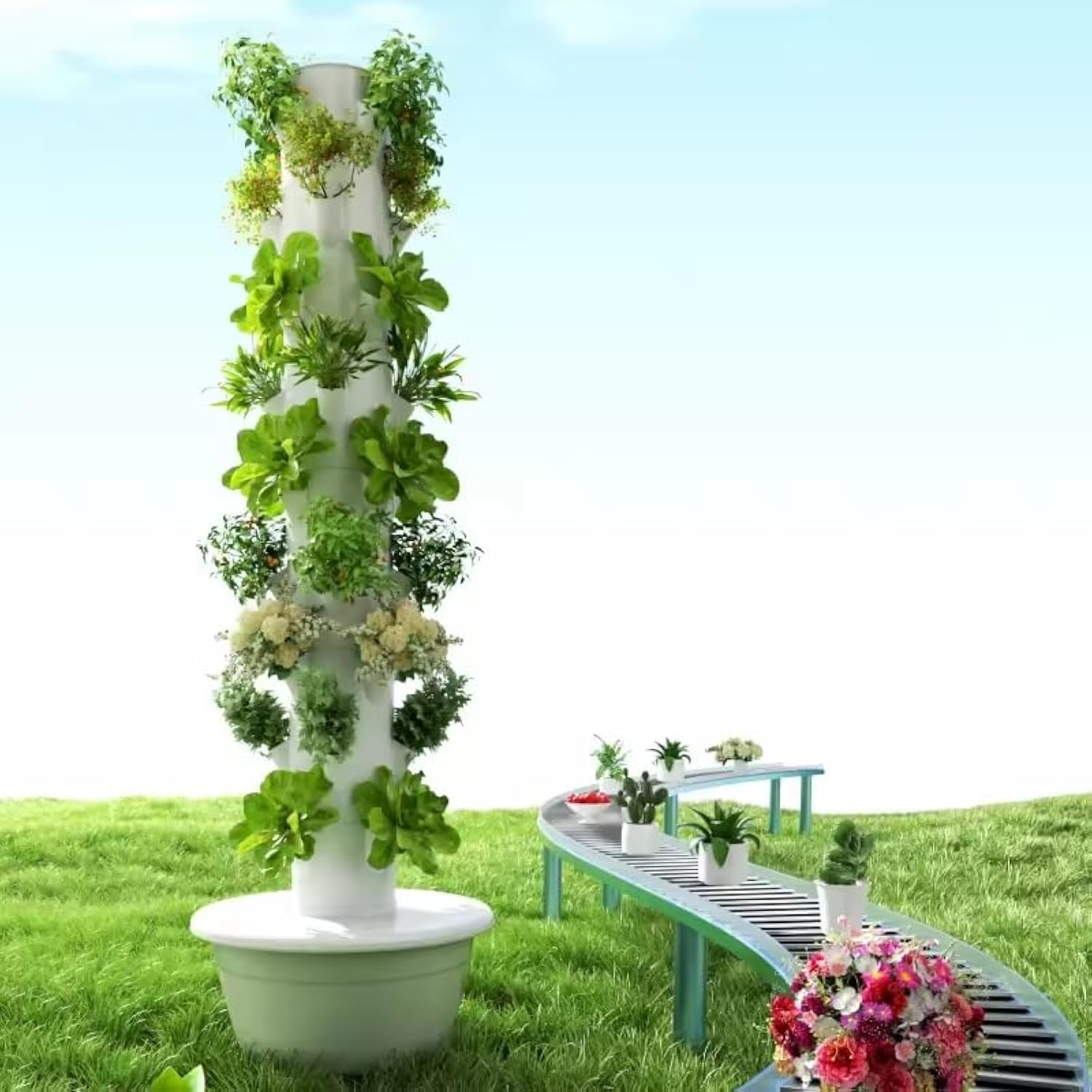 Hydroponic Tower - 垂直水耕栽培タワー エアロポニックタワー 果物と野菜用 9層36ポットプランター 水槽とポンプ付き